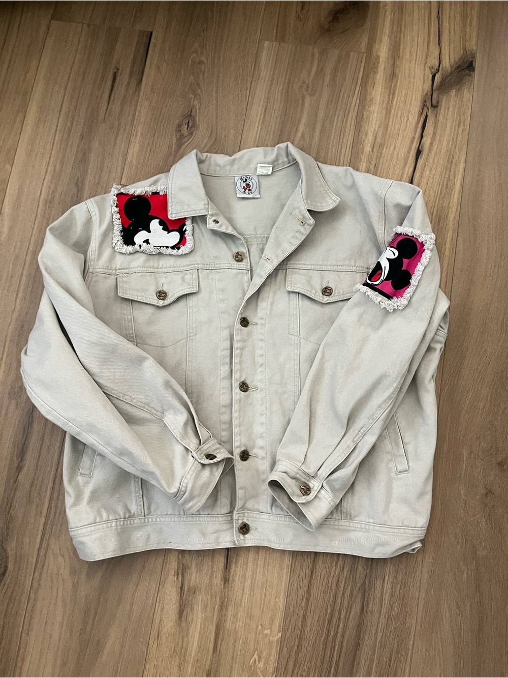 Disney Beige Jean Jacket with Red & Pink Mickey Patches